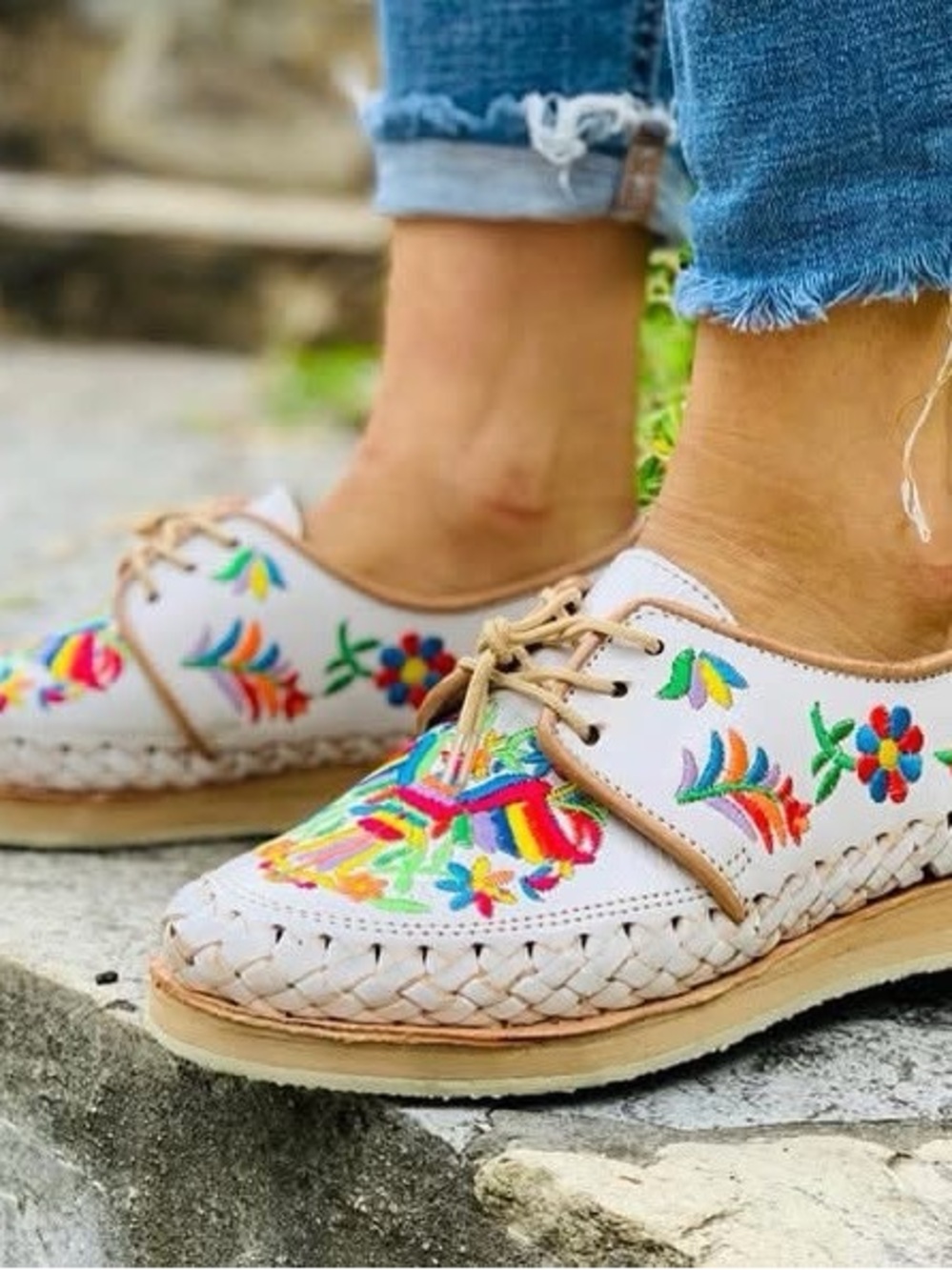 Hand Crafted White Embroidered Multicolor Lace-Up Flats - Picture 3 of 17